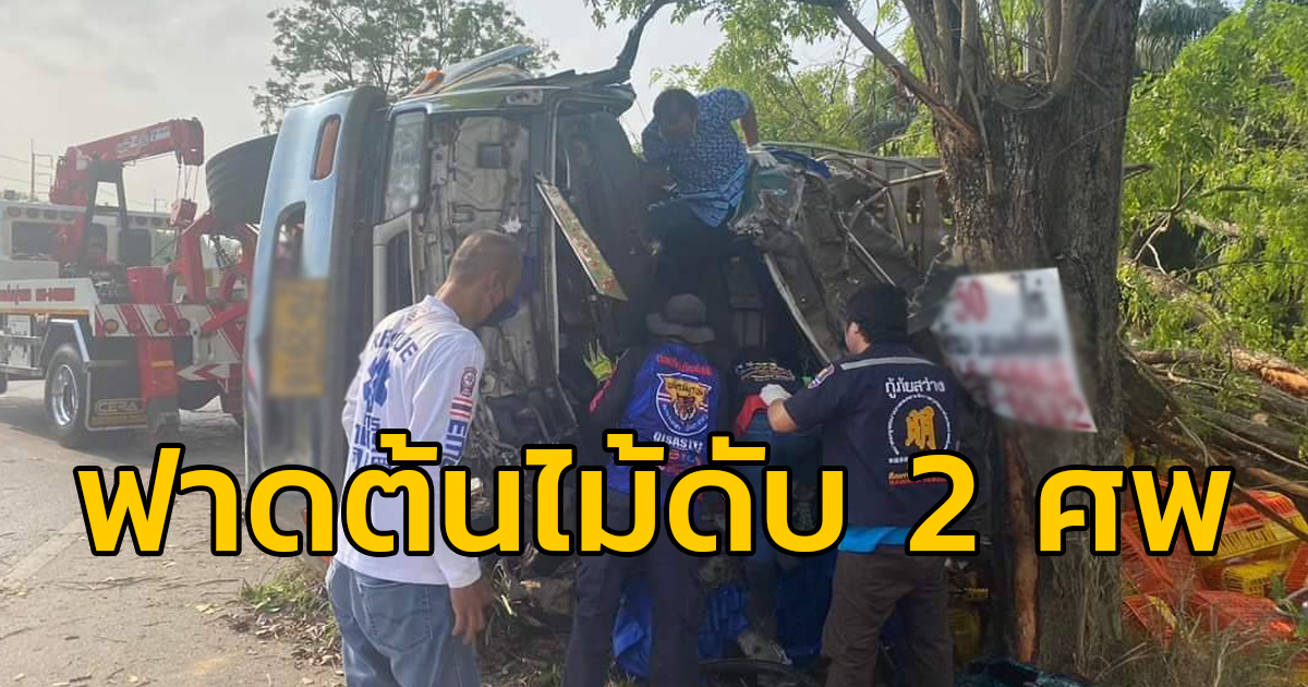 รถบรรทุกเล็ก เสียหลักฟาดต้นไม้ข้างทาง เสียชีวิตชาย 2 ศพ จ.ชลบุรี