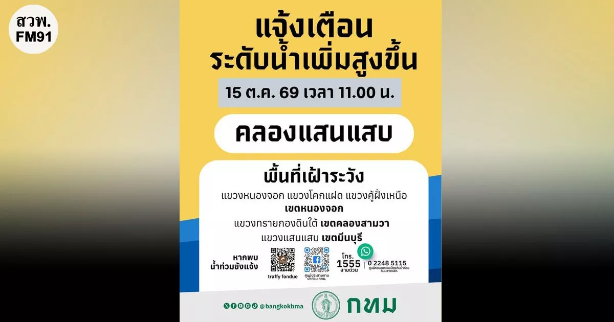 กทม. แจ้งเตือนประชาชนริมคลองแสนแสบ เฝ้าระวังระดับน้ำเพิ่มสูงขึ้น 11.00 น.วันนี้!