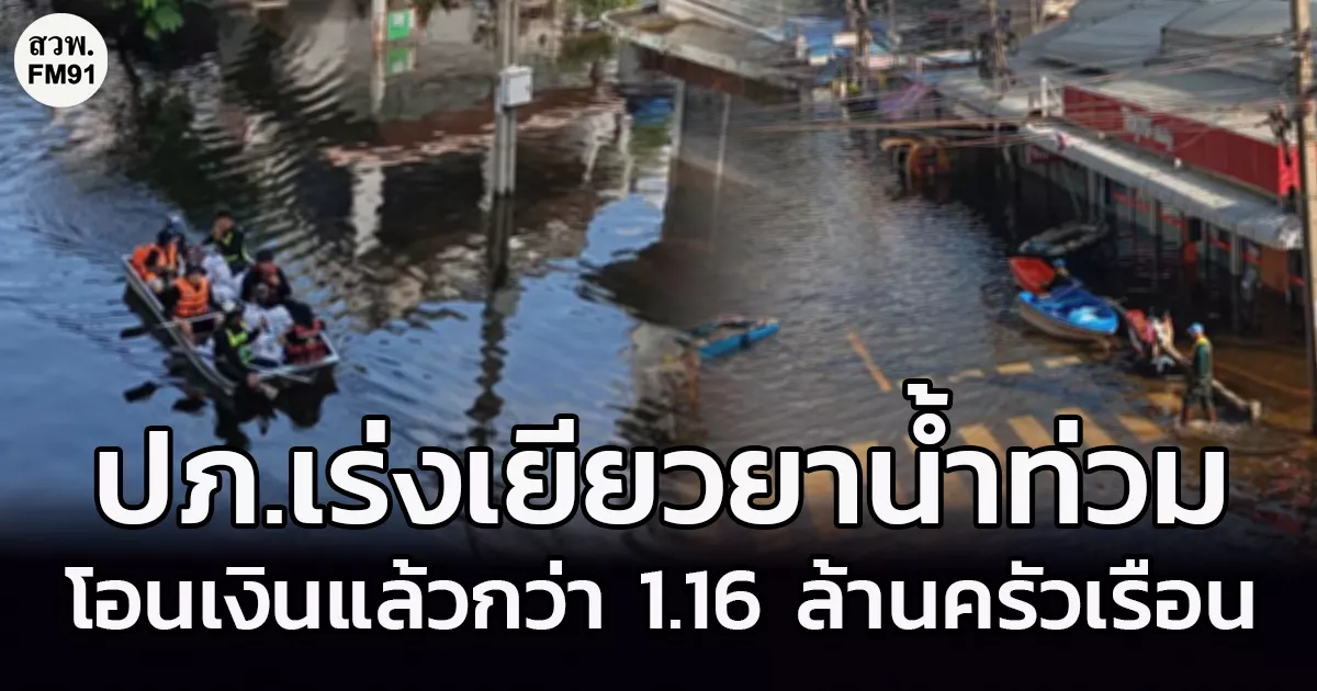 ปภ. เผยโอนเงินเยียวยาน้ำท่วมแล้วกว่า 1.16 ล้านครัวเรือน รวม 8,953 ล้านบาท ครอบคลุม 54 จังหวัด วันนี้เตรียมโอนเพิ่ม 2,006 ครัวเรือน