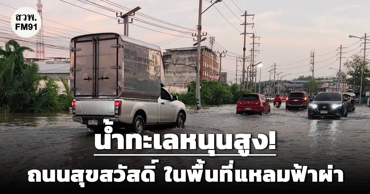 น้ำทะเลหนุนสูง! ถนนสุขสวัสดิ์ ในพื้นที่แหลมฟ้าผ่า อ.พระสมุทรเจดีย์ จ.สมุทรปราการ