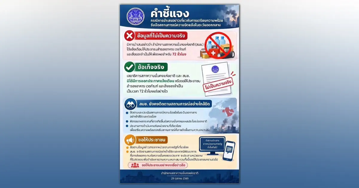 สมช. ยัน เฟคนิวส์ข่าวออกประกาศ เตือนให้ประชาชนสำรองอาหาร เวชภัณฑ์ และสิ่งของจำเป็นให้เพียงพอสำหรับ 72 ชั่วโมง รับศึกตะวันออกกลาง